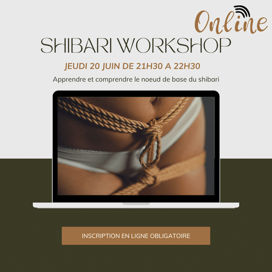 Image du flyer du prochain atelier Shibari en ligne, présentant des détails sur l'événement, les techniques enseignées et la façon de participer