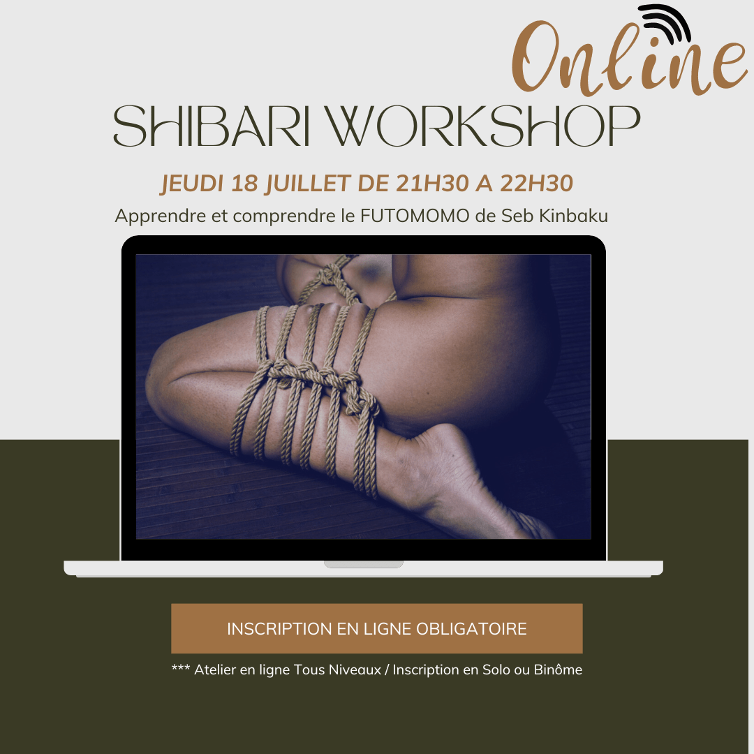 Image du flyer de l'atelier Shibari en ligne intitulé le Futomomo de Seb Kinbaku